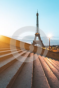 Eiffel Tower, Paris. View from Trocadero stairs Place du TrocadÃ©ro. Paris, France