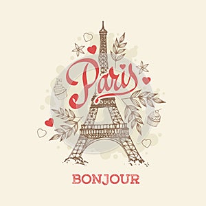 Eiffel tower Parisian symbol hand drawn vector greeting card
