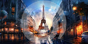 The Eiffel Tower in the rain, in the style of dreamlike illustration photo