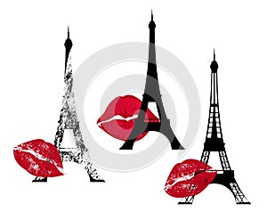 Eiffel tower and red lips kiss mark vector design set