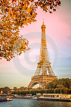 Eiffel tower and the river Seine, yellow automnal trees, Paris France