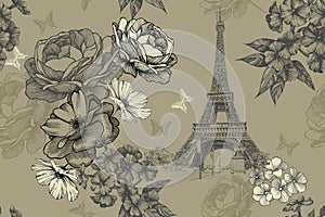 Eiffel tower with roses, phloxes and butterflies on a vintage, seamless background. Hand-drawn,  illustration.