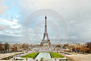 Eiffel tower scenic view in a cloudy day, Paris, France