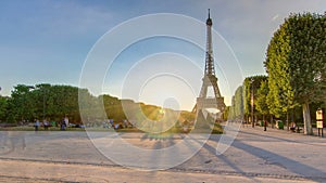 Eiffel Tower seen from Champ de Mars at sunset timelapse, Paris, France