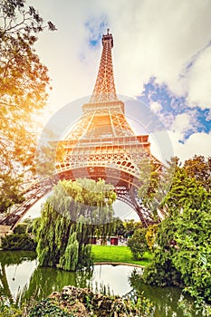 Eiffel Tower seen from the park in Paris, France