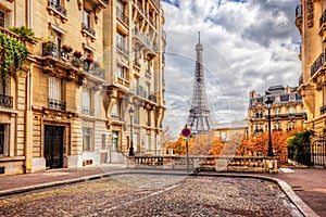 Eiffel Tower seen from the street in Paris, France. Cobblestone pavement