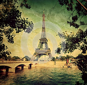 Eiffel Tower and Seine river in Paris, France. Vintage