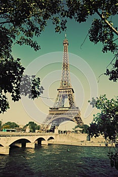 Eiffel Tower and Seine river in Paris, France. Vintage