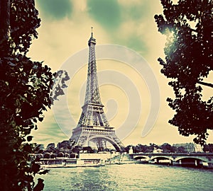 Eiffel Tower and Seine River, Paris, France. Vintage