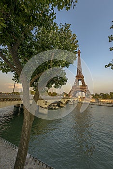 Eiffel Tower and Seine River at sunset