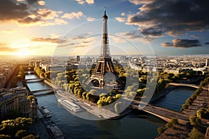 Eiffel Tower and Seine river at sunset, Paris, France, Aerial view of the Eiffel Tower, AI Generated