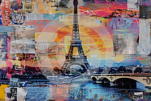 Eiffel Tower and the sights of Paris famous landmarks collage. Abstract vintage classic modern art on paper.