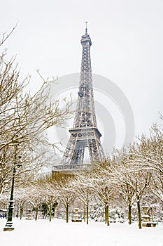 The Eiffel tower on a snowy day in Paris, France