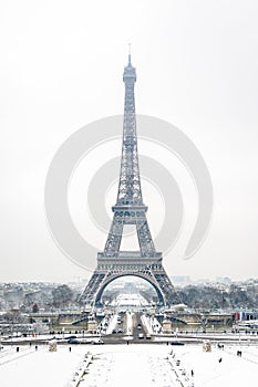 The Eiffel tower on a snowy day in Paris, France