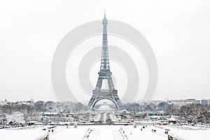The Eiffel tower on a snowy day in Paris, France