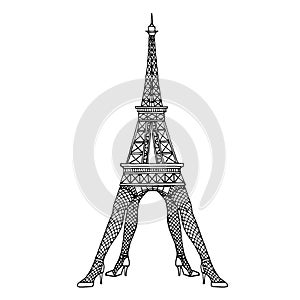 Eiffel tower standing on women legs in fishnet stockings & high heels, funny caricature