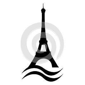 Eiffel Tower stylized silhouette with Seine river waves. Paris vector capital landmark. France.