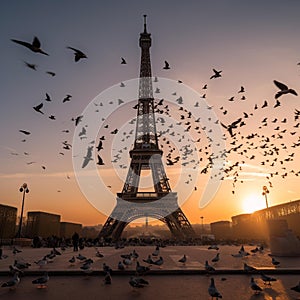 Eiffel Tower at Sunrise with Pigeons in Flight