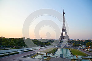 Eiffel tower at sunrise, seen from Trocadero in Paris, France