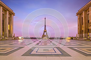 Eiffel Tower at sunrise from Trocadero Fountains in Paris