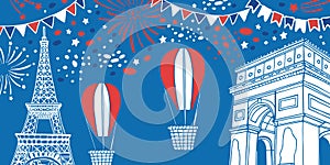 Eiffel tower and Triumphal arch. Bastille Day composition with air balloons, fireworks and flags