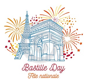 Eiffel tower, Triumphal arch and fireworks. Bastille Day design template. Title in French National