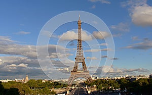 Eiffel Tower from Trocadero. Paris, France. Rainy day, sunset light with shadows.