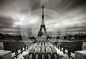 Eiffel Tower and Trocadero at Sunrise with moving clouds, Paris