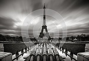 Eiffel Tower and Trocadero at Sunrise with moving clouds, Paris photo