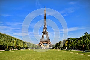 Eiffel Tower with vibrant blue sky