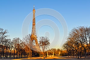 Eiffel Tower view from Champ de Mars. Paris, France, Winter