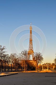 Eiffel Tower view from Champ de Mars. Paris, France, Winter