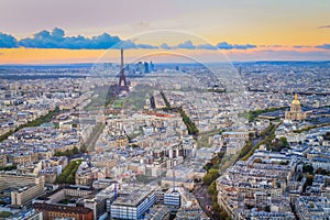 Eiffel tower view from Montparnasse at sunset from above, Paris, France