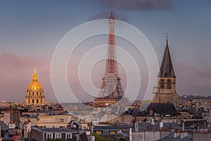 Eiffel tower view from Montparnasse at sunset from above, Paris, France