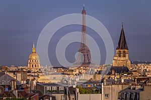 Eiffel tower view from Montparnasse at sunset from above, Paris, France