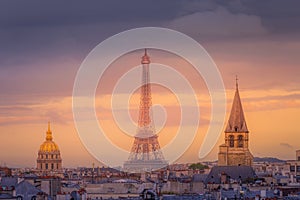 Eiffel tower view from Montparnasse at sunset from above, Paris, France