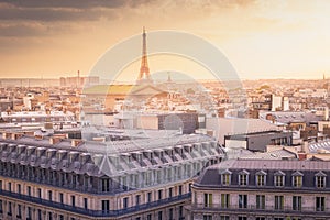 Eiffel tower view from Opera Garnier at sunset from above, Paris, France