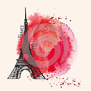 Eiffel tower,Watercolor red splash.Paris card