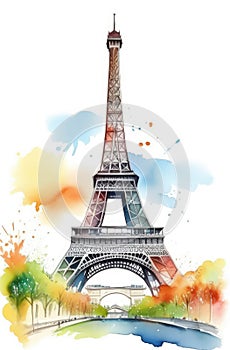 Eiffel Tower, watercolor vertical illustration of famous Paris sight. France capital, travelling