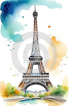 Eiffel Tower, watercolor vertical postcard with famous Paris sight. France capital, travelling