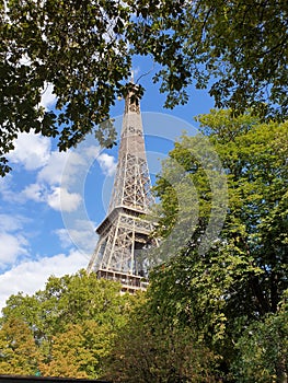 The eiffeltower lurking out of the tree tops in paris