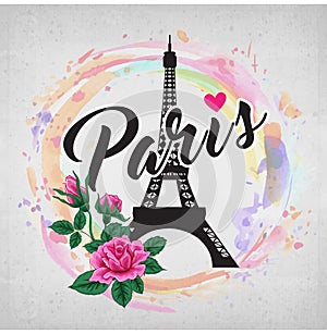 Eiffer Tower hand drawn vector and lettering. Modern calligraphy brush lettering. Paris ink lettering.