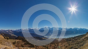 Eiger, Moench and Jungfrau mountains in panoramic view with blue sky