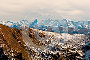 Eiger, Monch and Jungfrau seen from Kaiseregg Peak, Swiss Alps and Prealps