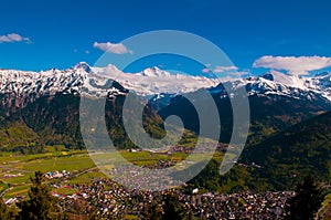 Eiger, Monch, Jungfraujoch peaks and Interlaken valley, view fro