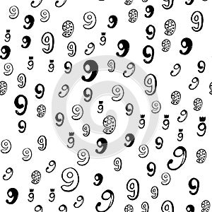 Eight, 9. Vector seamless pattern with hand drawn numbers elements. Memphis geometric outline trendy modern style.