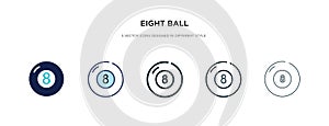 Eight ball icon in different style vector illustration. two colored and black eight ball vector icons designed in filled, outline