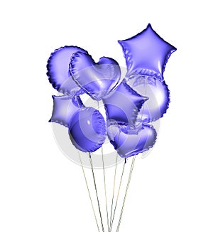 Eight blue balloons in the shapes of a ball, hearts and stars isolated on white background. 3D rendering