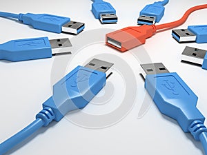 Eight blue usb connectors and one red