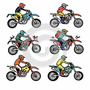 Eight cartoon riders motorcycles, exhibiting various colors styles, rider wears helmet, performs